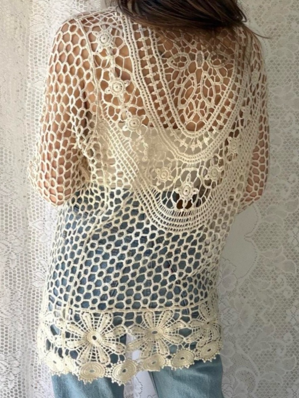 Rebellion Again Crochet Lace Cardigan Ivory Open Knit Top Medium Festival Boho - Picture 3 of 9